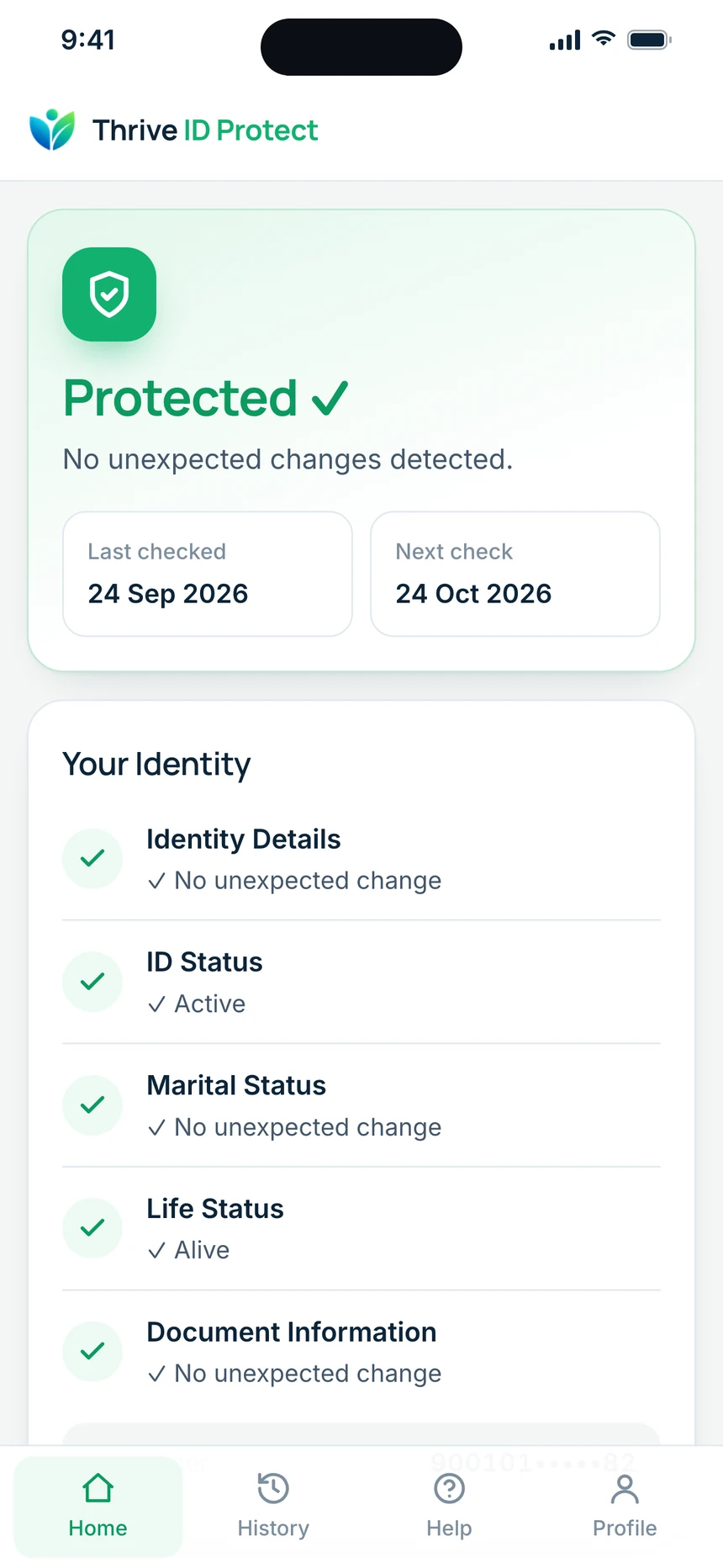 The Thrive ID Protect member dashboard showing Protected, last checked 24 Sep 2026, next check 24 Oct 2026, and all five monitored items with no unexpected change.